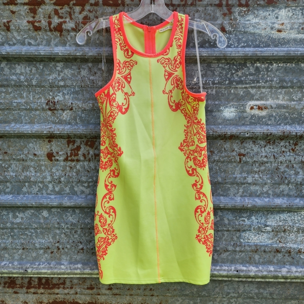 Neoprene Neon Green Form Fitting Bodycon Mini Mustard Seed Dress with Tribal Art